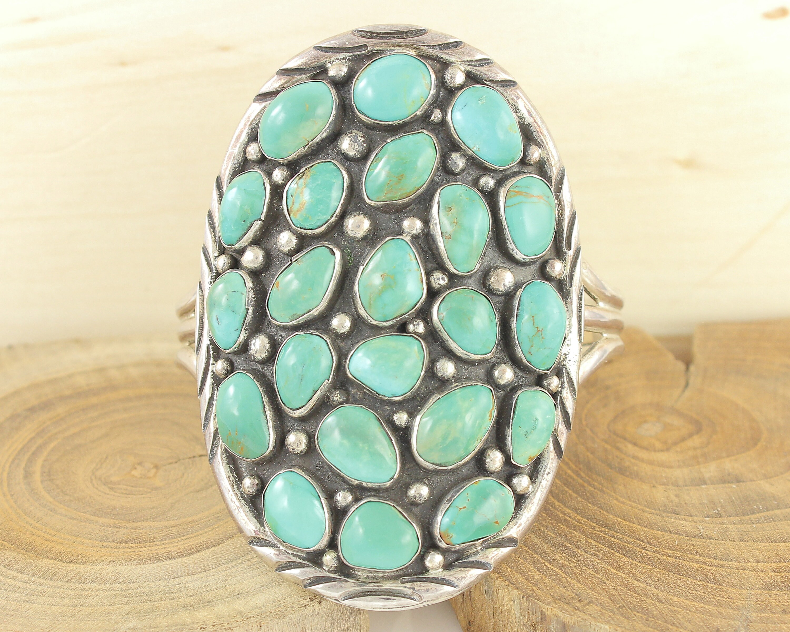 Gigantic Vintage Native American Navajo Blue Green Turquoise Cluster Sterling Silver Bracelet Gigantic Vintage Native American Navajo Blue Green Turquoise Cluster Sterling Silver Bracelet