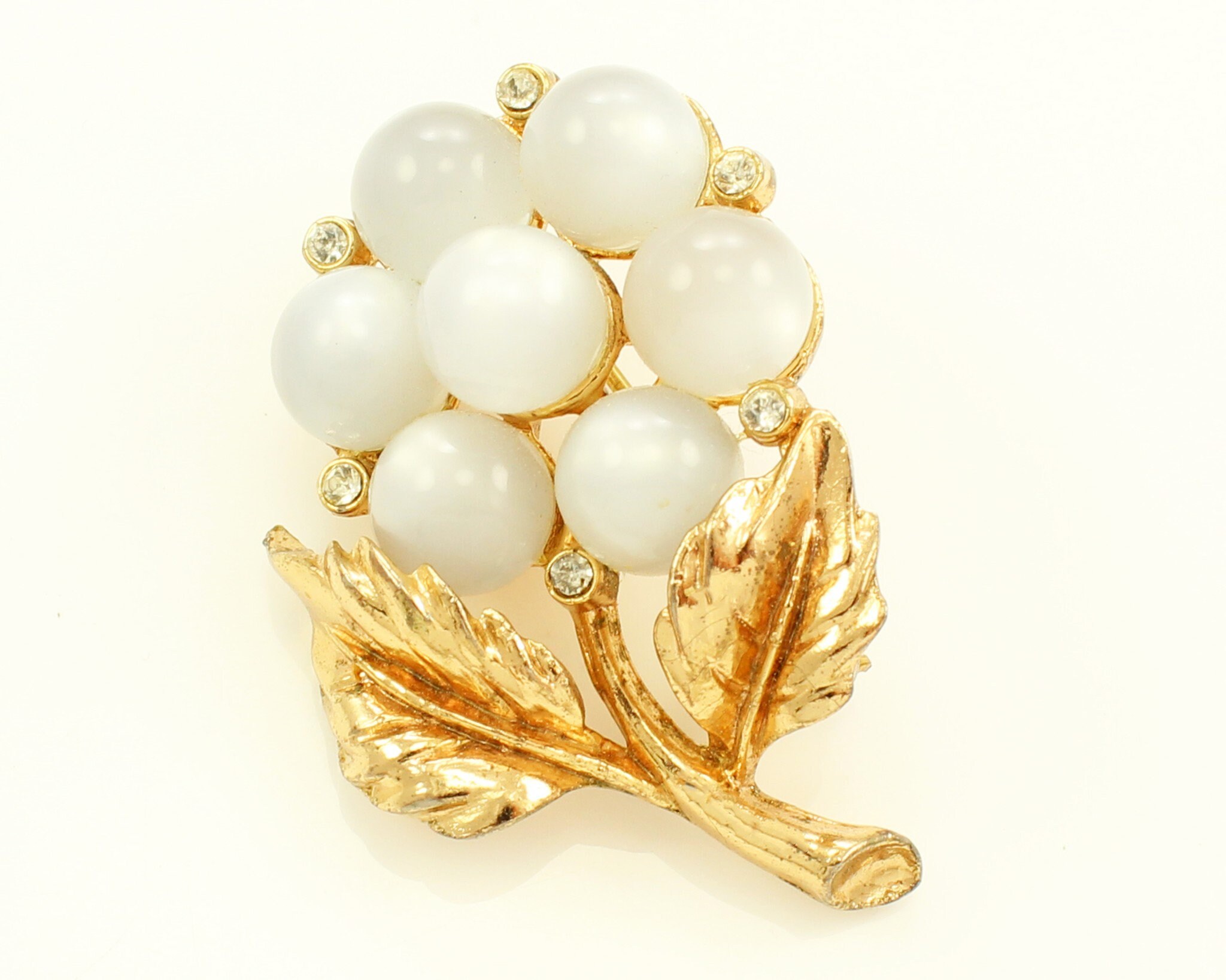 Coro Moonglow Flower Brooch Vintage Gold Tone Floral Pin with Pale Blue Gray Plastic