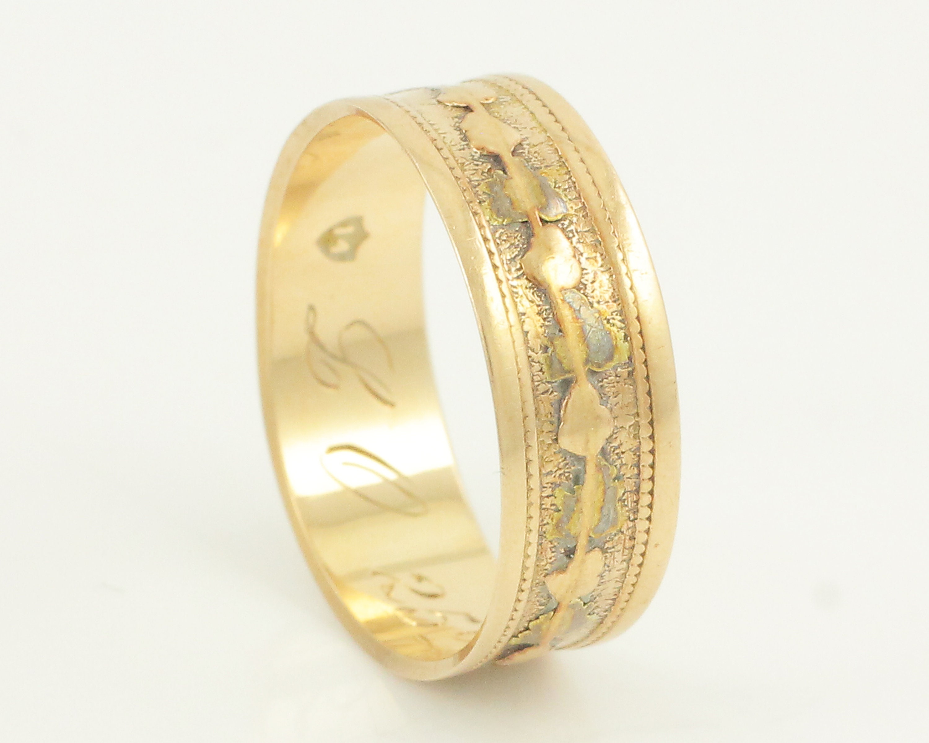 Victorian Embossed Wedding Band 14K Rosy Gold Ring, Antique 14K Wedding
