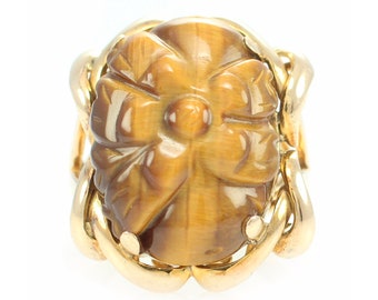 Vintage 14K Tigers Eye Ring, 14K Yellow Gold Floral Carved Tigers Eye Ring, Vintage Size 6 Tiger Eye Ring, Vintage Jewelry, Estate Jewelry