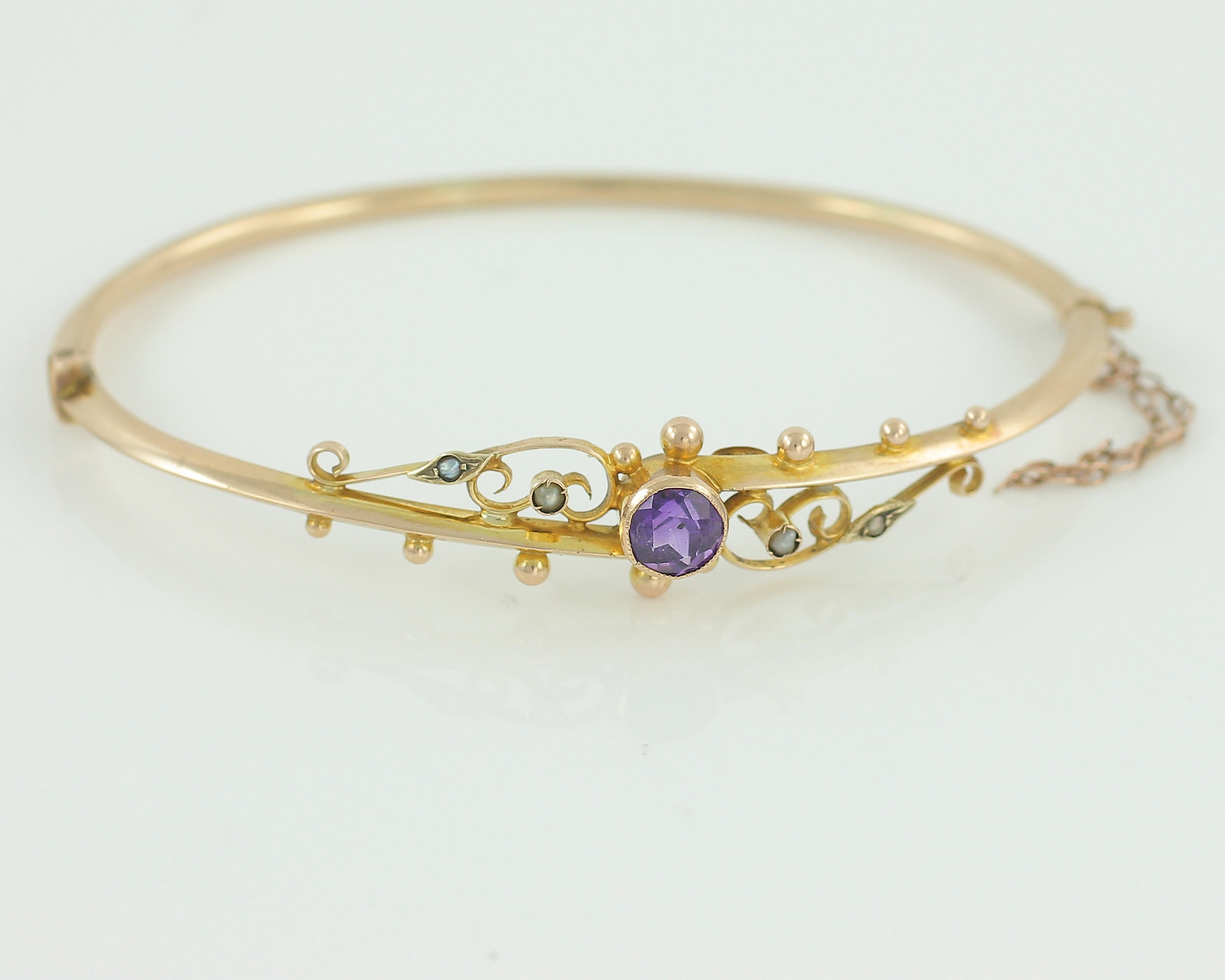 Antique Victorian 9ct Rose Gold Amethyst Pearl Bangle Bracelet