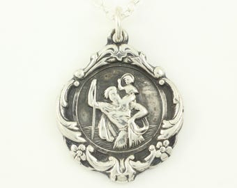 Vintage Sterling St. Christopher Medal Necklace, Hayward Ornate 925 Sterling Silver St Christopher Medal, 925 St Christopher,Vintage Jewelry