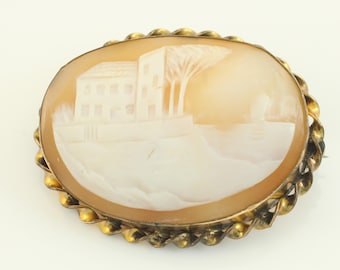 Antique Landscape Cameo Brooch, Vintage Carved Shell Sailboat Cameo Pin, 1910s 10K Gold Filled Carved Shell Cameo Brooch, Vintage Jewelry