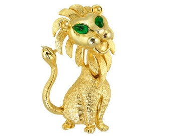 Vintage Lion Brooch, Green Eyed Gold Tone Lion Pin, Vintage Lion Lapel Pin, Figural Lion Pin Green Eyes, Vintage Jewelry, Estate Jewelry