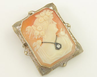 Antique 14K White Gold Habille Cameo Brooch Pendant, Edwardian Lady Flowers Cameo Diamond Necklace Pin Filigree Bezel, Vintage Jewelry