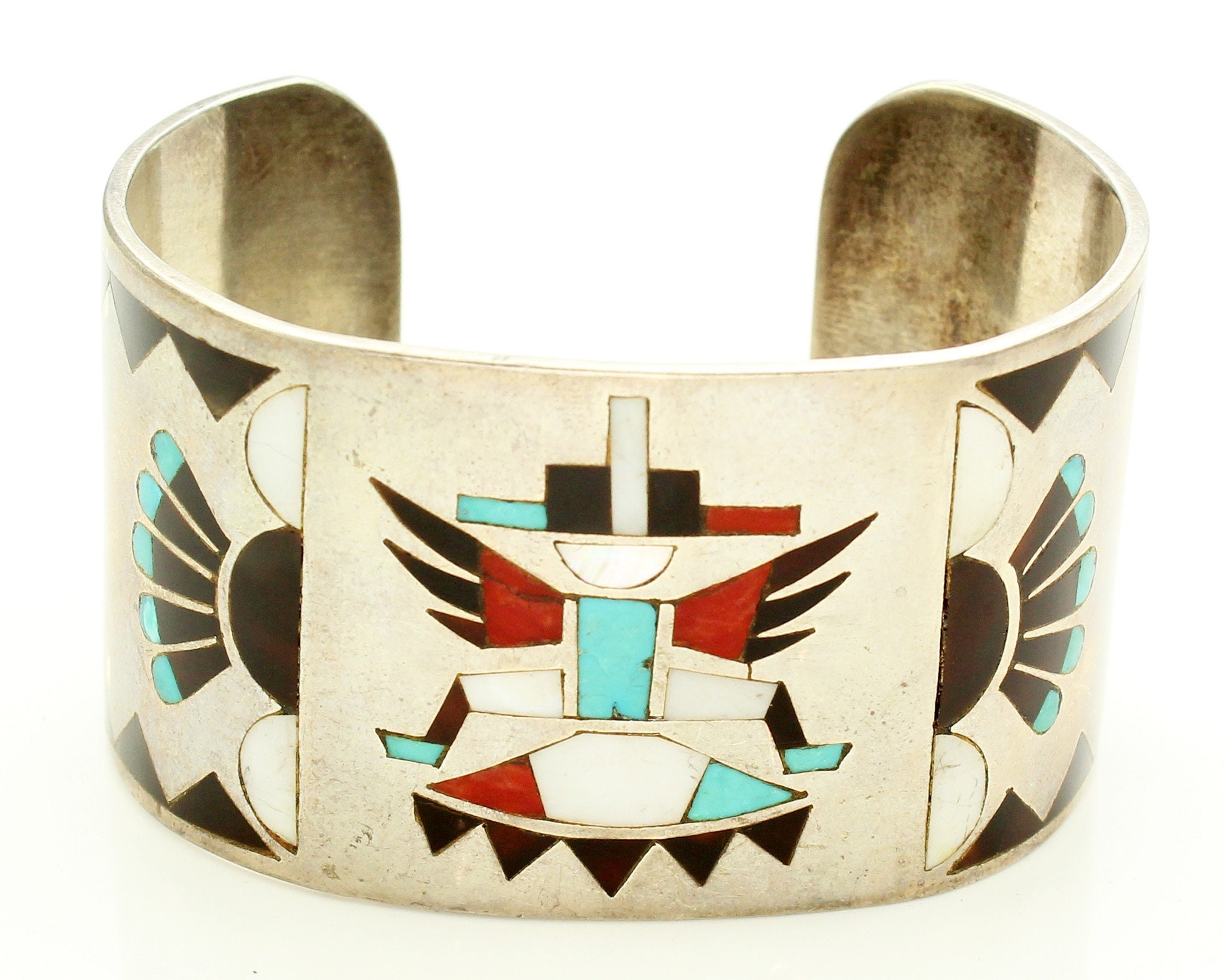 Signed Vintage Native American Zuni Turquoise Coral Inlay Sterling Silver Knifewing Bracelet Signed Vintage Native American Zuni Turquoise Coral Inlay Sterling Silver Knifewing Bracelet