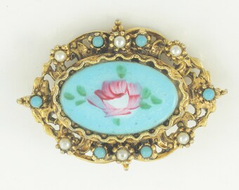 Vintage Capri Enamel Roses Brooch, 1970s Victorian Revival Brooch, Capri Pink Rose on Blue Enamel Faux Turquoise Pearl Pin, Vintage Jewelry