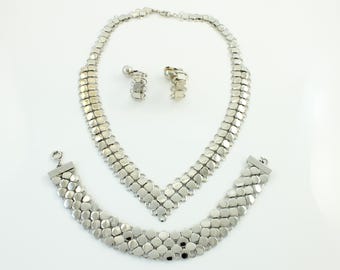 Vintage Hobe Silvertone Mesh Necklace Bracelet Earring Set, 1960s SilverTone Hobe Demi Parure, Mid Century Hobe Jewelry Set, Vintage Jewelry