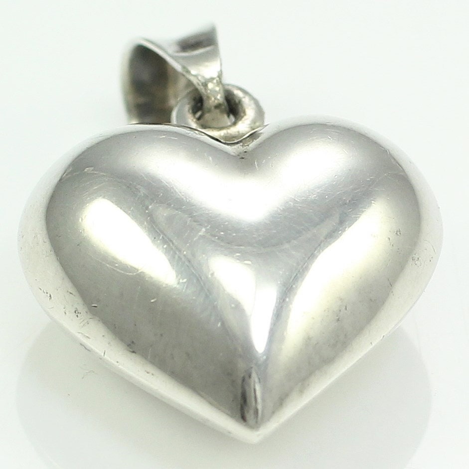 1980's Silver Puffed Heart Necklace Pendant - 925 Sterling Puffy Heart ...