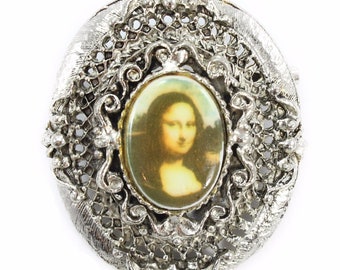 Vintage Mona Lisa Brooch, 1960s Silver Tone Mona Lisa Pin, Vintage Transfer on Porcelain Mona Lisa Brooch, Mid Century Pin, Vintage Jewelry