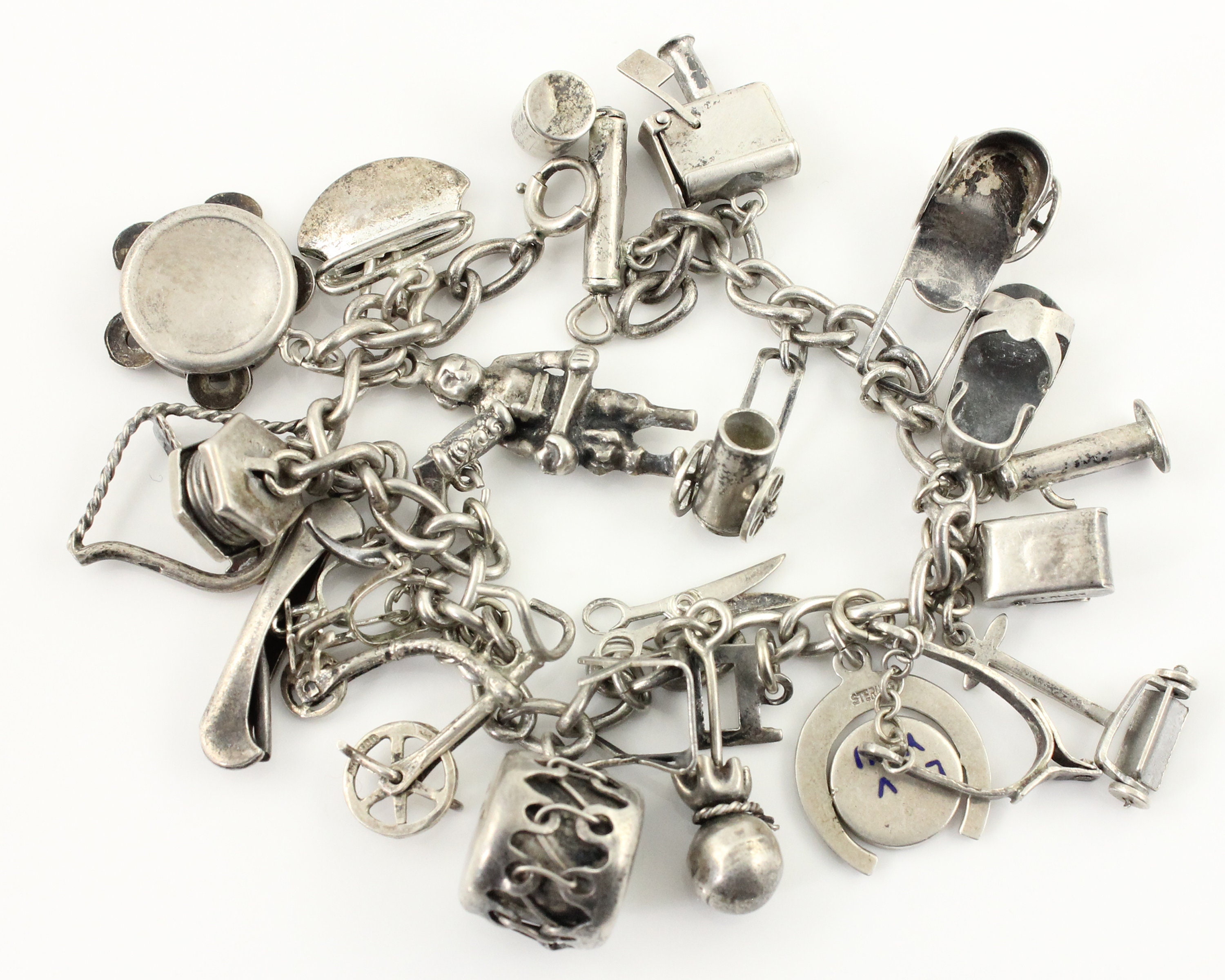 Vintage Loaded Sterling Silver Charm Bracelet, WWII Era Movable Mechanical  Mail Box Bike Tambourine Love Spinner 925 Charm, Vintage Jewelry