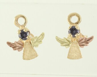 Vintage 10K Black Hills Gold Lab Created Purple Spinel Angel Earrings, 1980s Stamper Black Hills 10K Angel Stud Earrings, Vintage Jewelry
