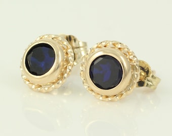 Vintage 10K Lab-Created Blue Cubic Zirconia Earrings, 10K Gold Royal Blue CZ Stud Earrings, 1990s Blue CZ Earrings, Vintage Jewelry