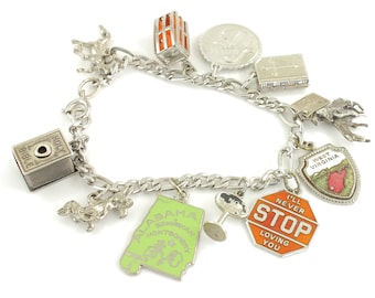 Vintage Sterling Silver 11 Charm Loaded Bracelet - Bible Stanhope Mechanical Enamel Love - 7 inches 29.3 gram- Circa 1960 - Vintage Jewelry