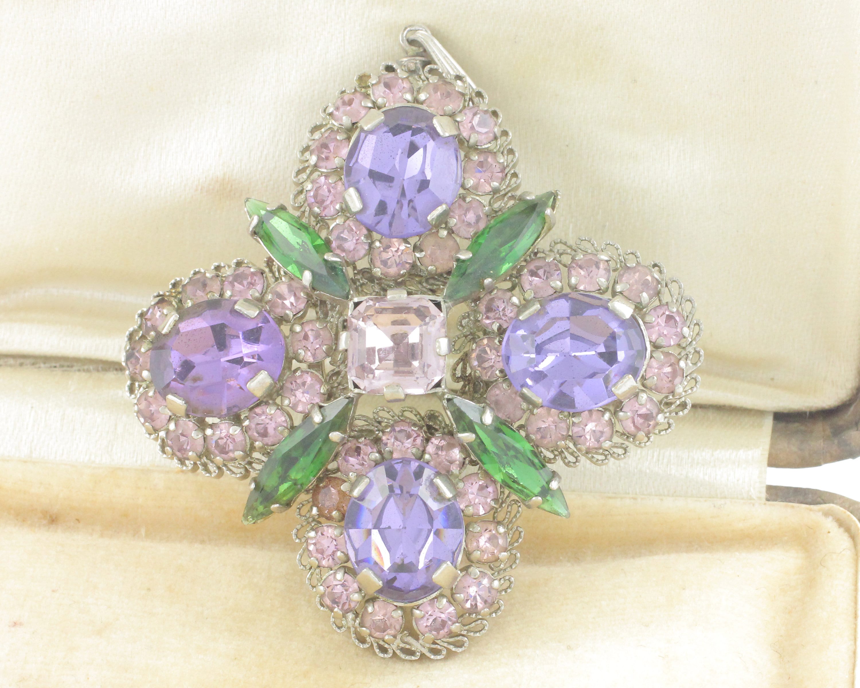 1950s Vintage Purple Green Lavender Austrian Colored Rhinestone