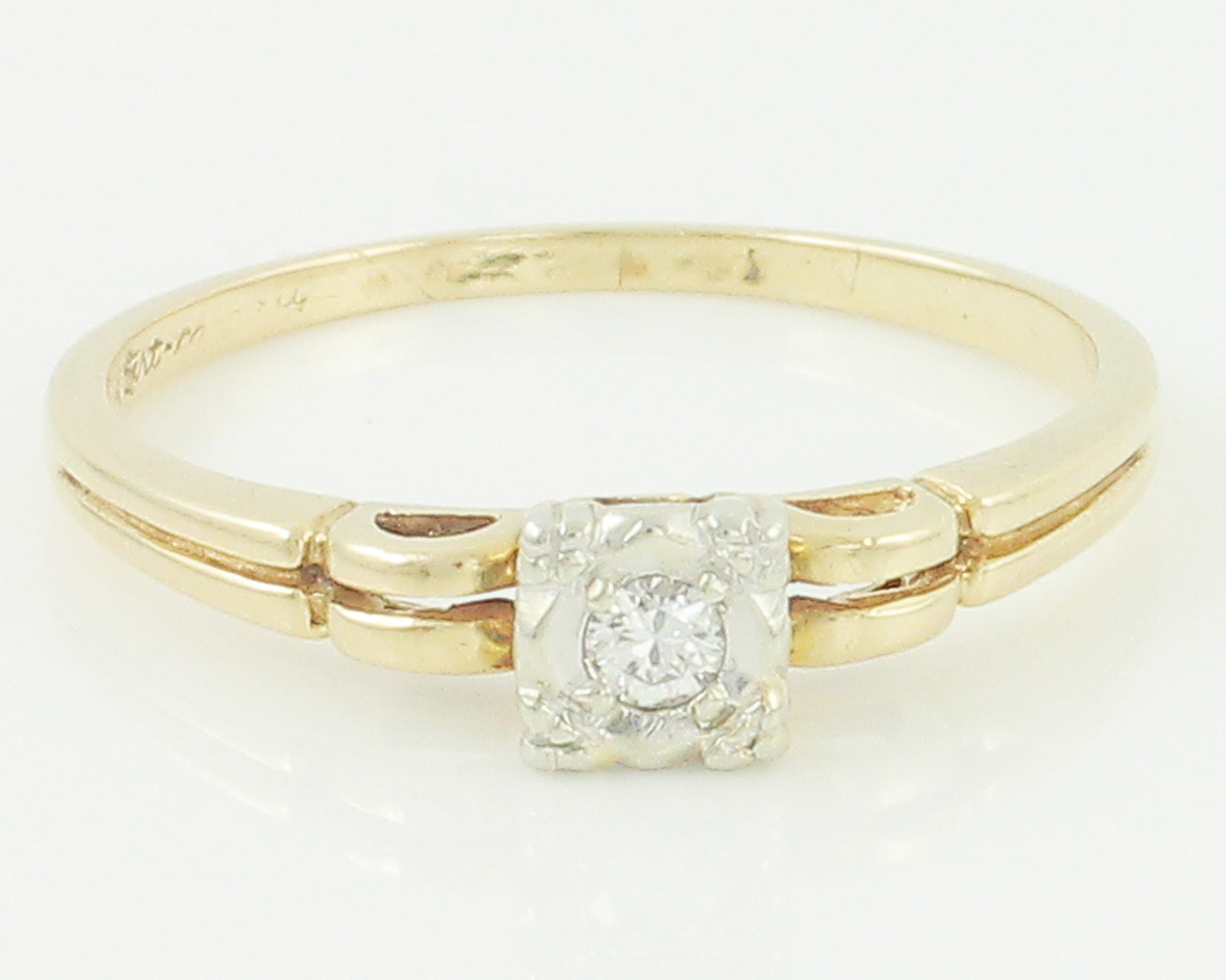 Vintage .05 CT Diamond Solitaire 14K Engagement Ring Art Carved