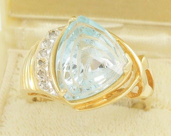 14K Fantasy Cut 8 CT Blue Topaz Diamond Ring, Yellow Gold Heat Treated Topaz Bypass Ring, 7.7 gram Size 10.25 Ring, Vintage Jewelry