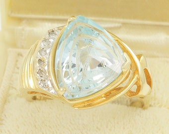 14K Fantasy Cut 8 CT Blue Topaz Diamond Ring - Yellow Gold Enhanced Topaz Bypass Ring - 7.7 gram Size 10.25 - 1980s Vintage Jewelry