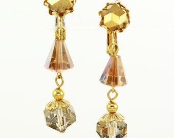 Vintage 1960s Golden Crystal Dangle Earrings, Vintage Topaz Colored Aurora Borealis Bead Gold Tone Drop Clip On Earrings, Vintage Jewelry