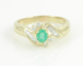 Vintage 14K Diamond Emerald Statement Ring, 1980s 14K Gold Emerald Diamond Ring, 14K Solid Gold May Birthstone Ring Size 8, Vintage Jewelry