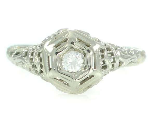 Vintage Engagement Ring, Vintage Art Deco 14K Whi… - image 1