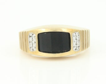 Vintage 10K Black Onyx Diamond Mans Ring, Modern 10K Faceted Black Onyx Ring, Size 9.75 Onyx Ring c1980, 1980s 10K Ring, Vintage Jewelry
