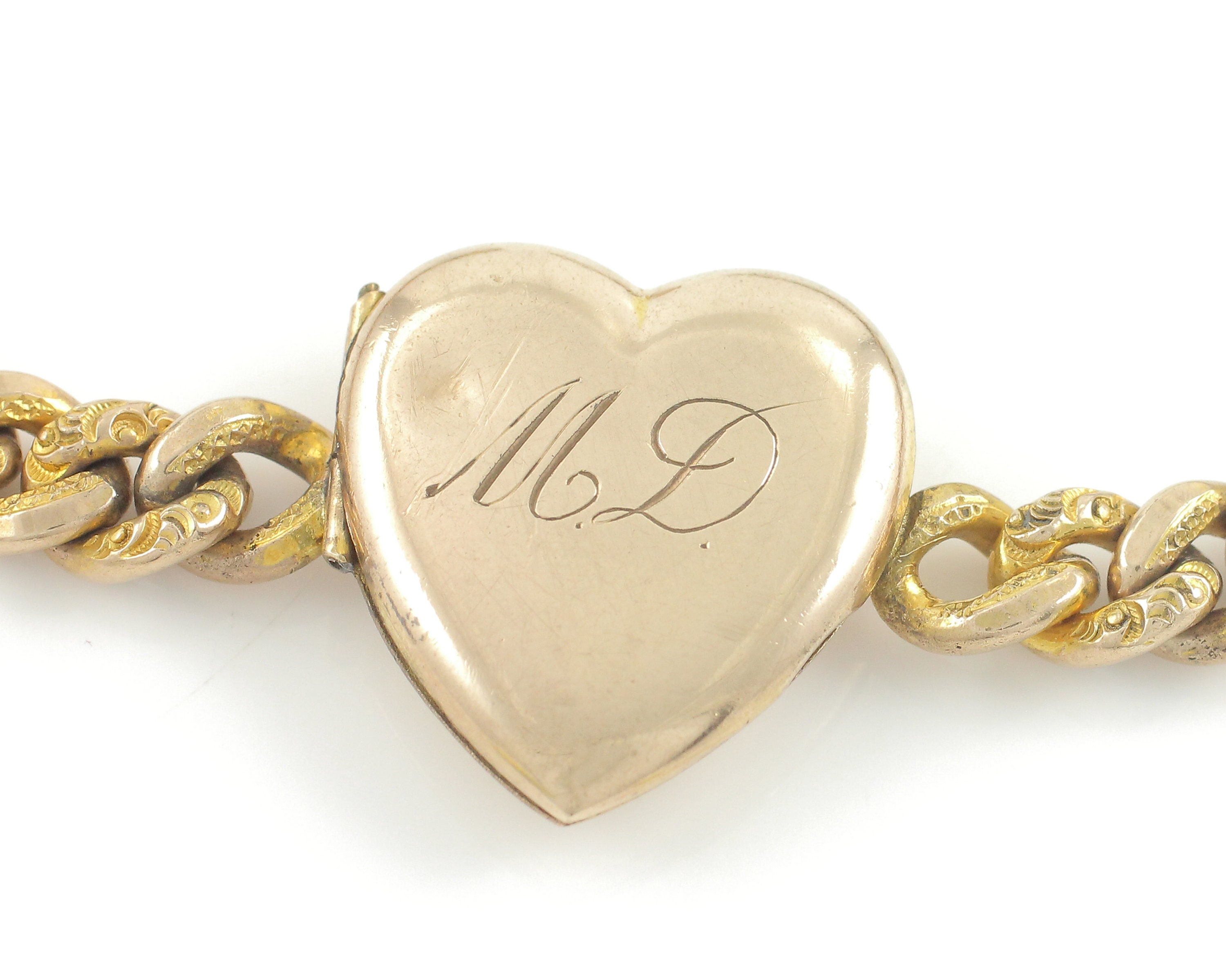 Rare Victorian Engraved Heart Locket Bracelet - A.A. Greene Gold