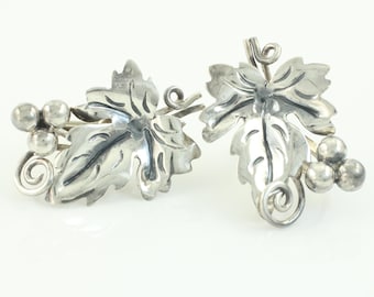 Vintage Mexican 925 Sterling Grape Leaf Earrings, Silver Grape Cluster Earrings, 925 Silver Earrings Signed BJ, Vintage Jewelry