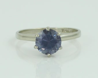 1960s 14K White Gold Lab Created Purple Sapphire Ring, 14K White Gold Synthetic Purple Sapphire Solitaire Ring, Vintage Jewelry
