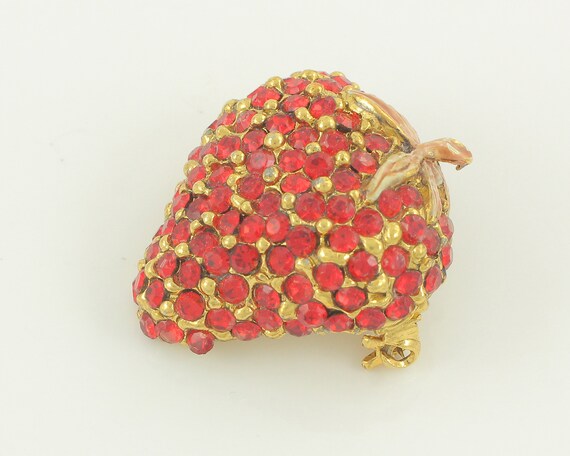 Vintage Unsigned Ciner Strawberry Pin, Red Rhines… - image 4