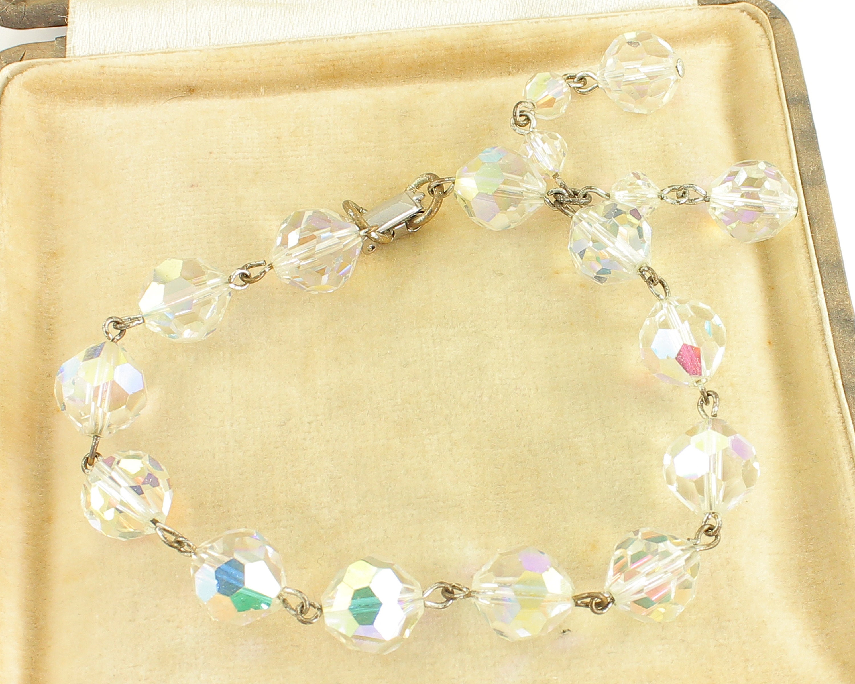 H&S Originals Vintage Crystal Tassel Bracelet Aurora Borealis Glass