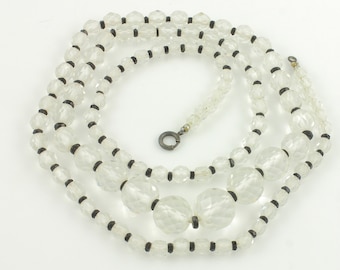 Vintage Crystal Black Glass Rondelles Graduated Bead Necklace, 1950s Faceted Clear and Black Glass Bead 28 inch Necklace, Vintage Jewelry