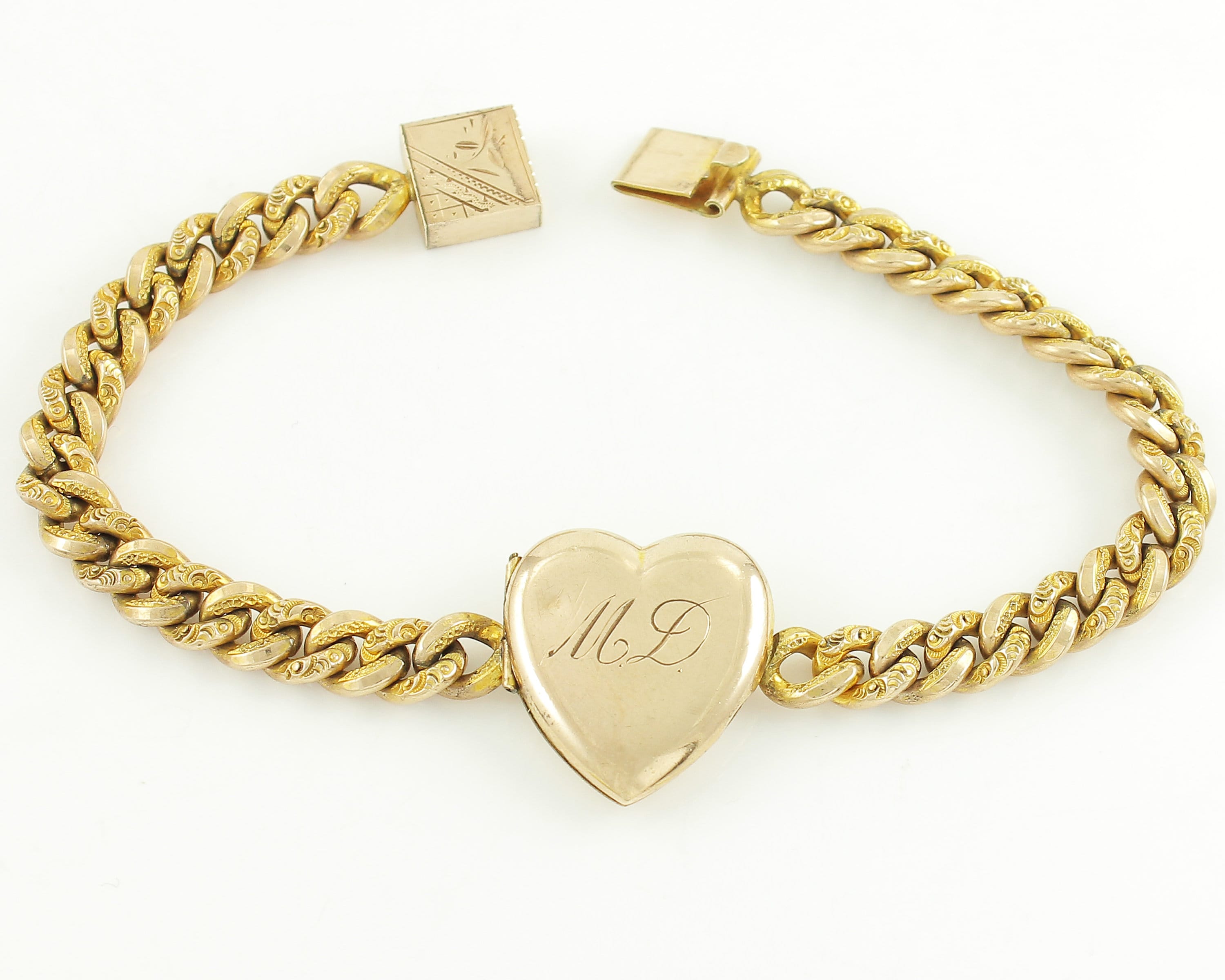 Rare Victorian Engraved Heart Locket Bracelet - A.A. Greene Gold