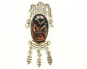 Vintage Mexican Silver Mahogany Obsidian Warrior Mask Brooch - 1960s Taxco Mexico Eagle Mark Sterling Pin Pendant - Vintage Jewelry
