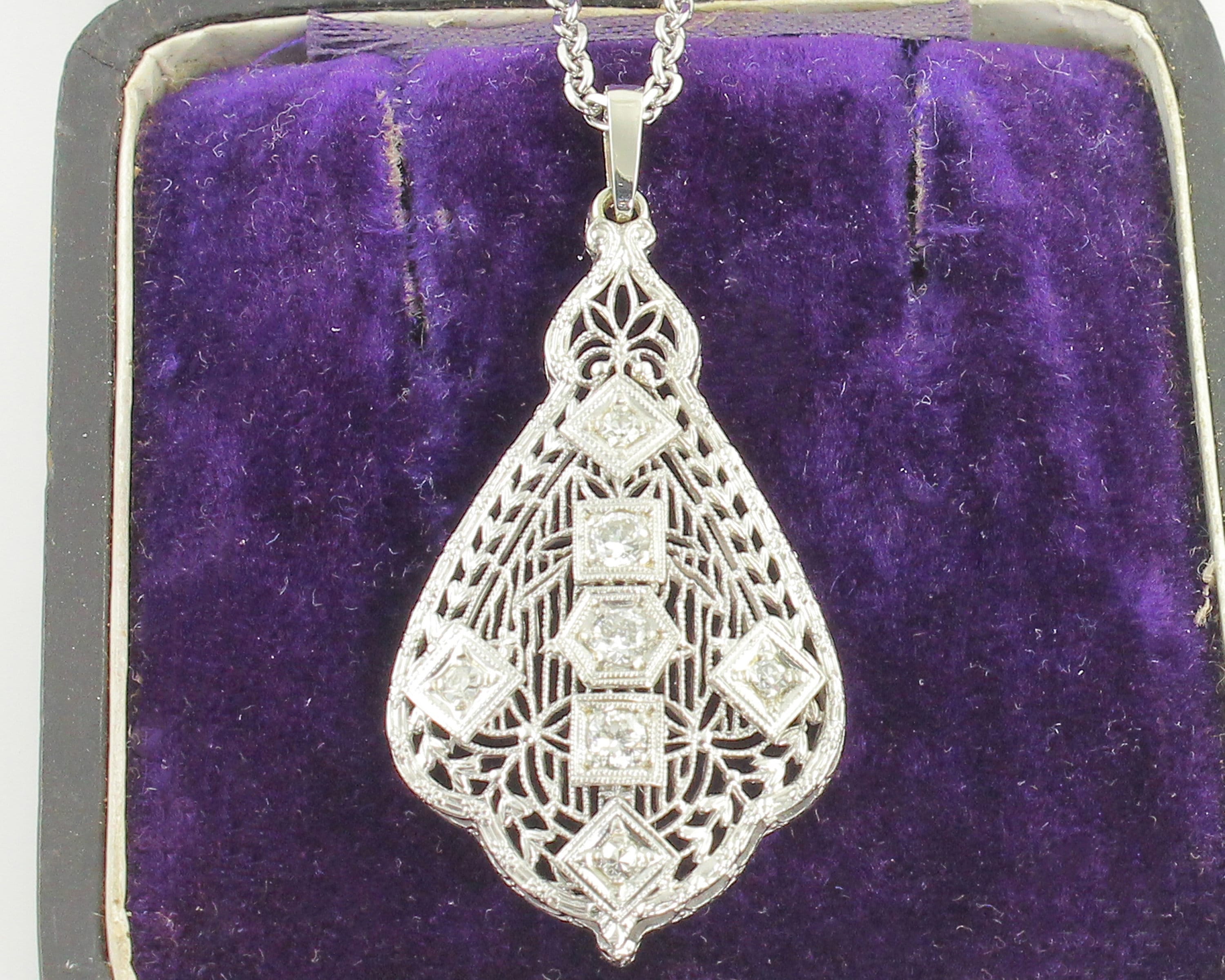 Edwardian 14K White Gold Diamond Filigree Pendant Necklace Antique