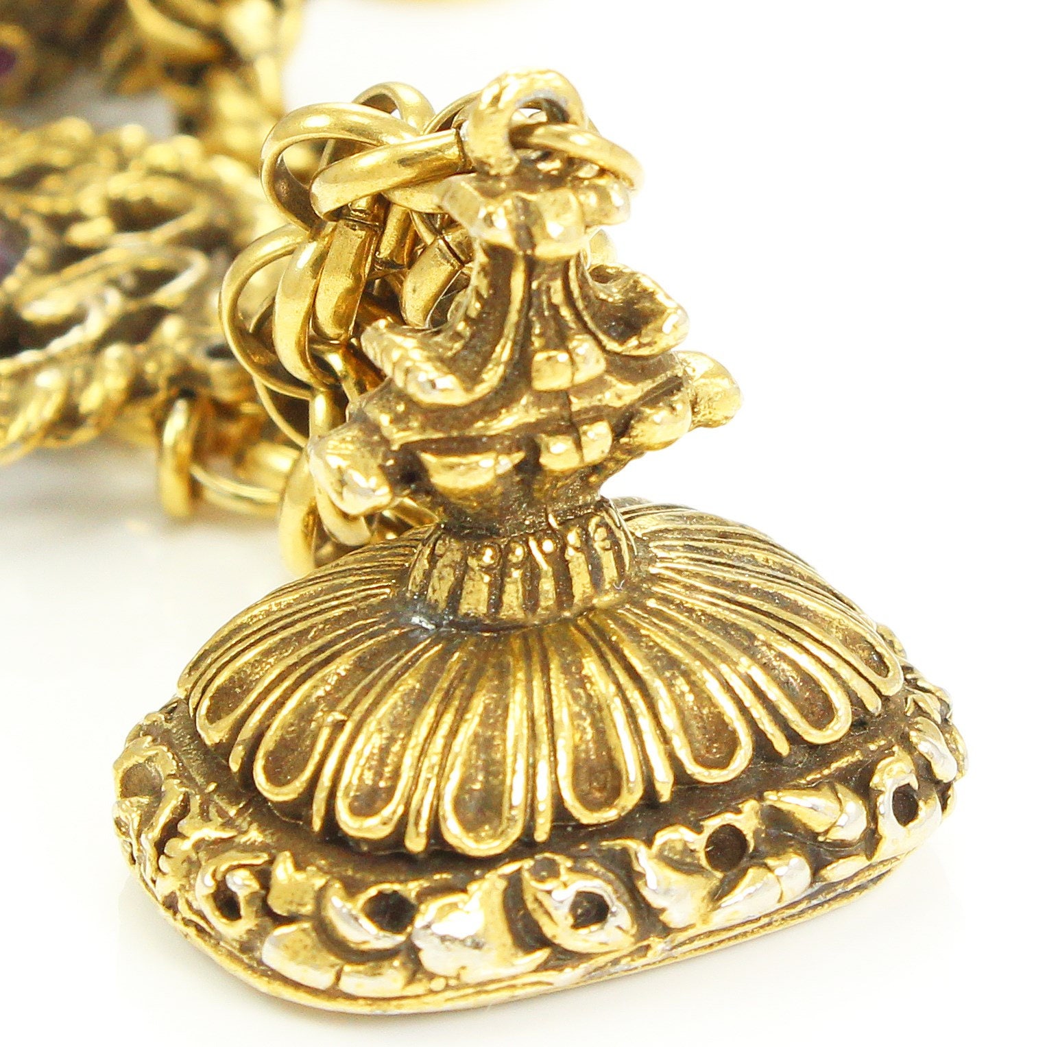 Vintage Watch Fob Charm Bracelet Faux Gemstones Purple Glass Charms