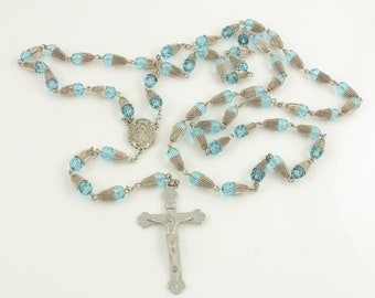 Vintage 925 Sterling Silver Aqua Crystal Rosary, Wedding Bell Bead Sterling Rosary, 925 Silver Rosary 35 inch 38g, Religious Estate Jewelry