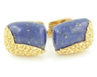 Vintage 18K Gold Lapis Lazuli Cuff Links - French 750 Yellow Gold Mid Century Modern Woven Look - Vintage Fine Jewelry - Estate Cufflinks