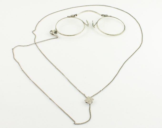 Featured listing image: Antique White Gold Filled Pince Nez and Chain - Antique 12K GF Folding Glasses on Adjustable Y Lorgnette Chain with Slide - Vintage Jewelry