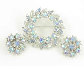 Vintage Blue Aurora Borealis Rhinestone Brooch Earrings, Vintage Blue Rhinestone Pin and Earrings, 60s Blue Rhinestone Set, Vintage Jewelry