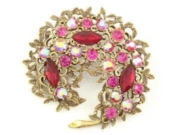 Vintage Emmons Red Pink AB Rhinestone Paisley Brooch, Large Emmons Pink Red Rhinestone Pin, Emmons Red Pink Floral Brooch, Vintage Jewelry