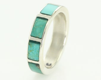 Vintage Turquoise Inlaid Sterling Silver Wedding Band Ring Size 10 - New Old Stock Old Pawn Southwestern Jewelry - Vintage Hippie Jewelry