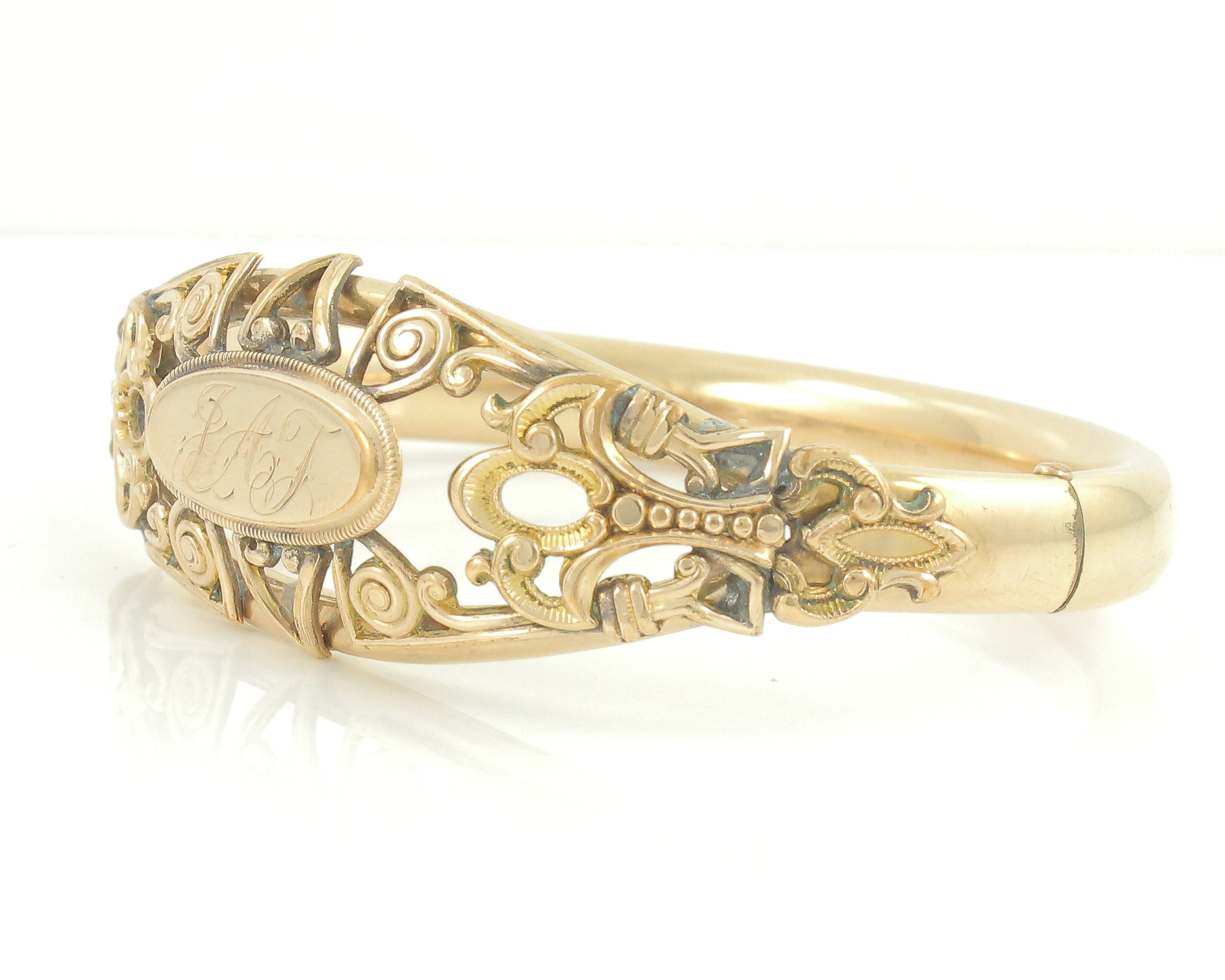 Antique 10K Gold Filled Bangle Bracelet, CAM & CO. Victorian Scrolled Gold  Fill Hinged Bangle, Vintage Monogram Bracelet, Vintage Jewelry