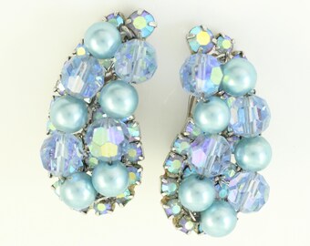 Vintage Kramer Blue Rhinestone Bead Simulated Pearl Earrings, 1960s Kramer Baby Blue Rhinestone Paisley Earrings, Vintage Jewelry