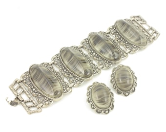 Vintage Victorian Revival Bracelet Earring Set, Mid Century Molded Plastic Bracelet, Gray Plastic Silver Tone Bracelet Set, Vintage Jewelry