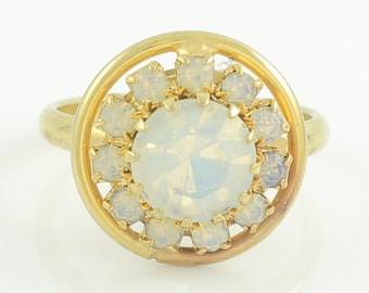 Vintage Opalescent Rhinestone Halo Round Ring, Simulated Moonstone Gold Tone Adjustable Ring, New Old Stock Ring circa 1960, Vintage Jewelry