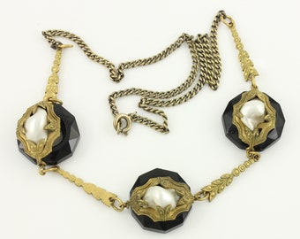 Antique Art Deco Choker Necklace, 1920s Black Glass Faux Baroque Pearl Brass Necklace Vintage Jewelry, Roaring 20s Necklace, Vintage Jewelry