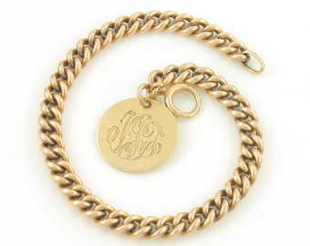 Vintage Solid 10K Curb Bracelet Monogrammed Charm, Antique 10K Gold 7.25" Link Bracelet, 1920s 10K 18.5g Bracelet Love Token,Vintage Jewelry