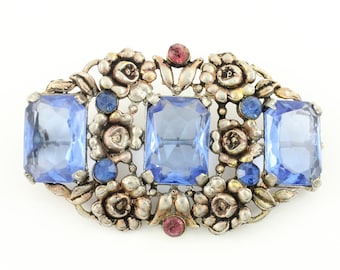 Vintage Blue Glass Floral Brooch, Vintage Blue Glass Pink Rhinestone Flower Pin, 1940s Antique Style Royal Blue Brooch, Vintage Jewelry