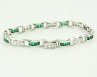 Vintage Emerald Diamond Platinum Tennis Bracelet, Mid Century Platinum 5 CT Emerald 2 CT Diamond Straight Line Bracelet, Vintage Jewelry